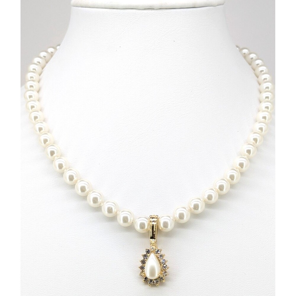 Vintage Regency Necklace Faux Pearl Rhinestone Teardrop Enhancer Gold Tone 19in